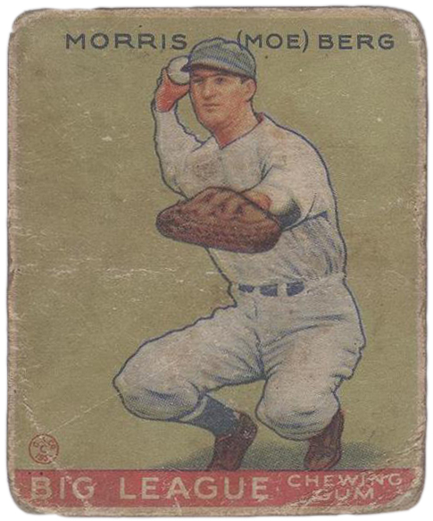Baseball card of a crouching player with a catcher's mitt