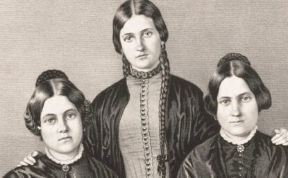 Lithograph after a daguerreotype of Margaret, Catherine, and Leah Fox, three spiritualists in the mid 19th-century.