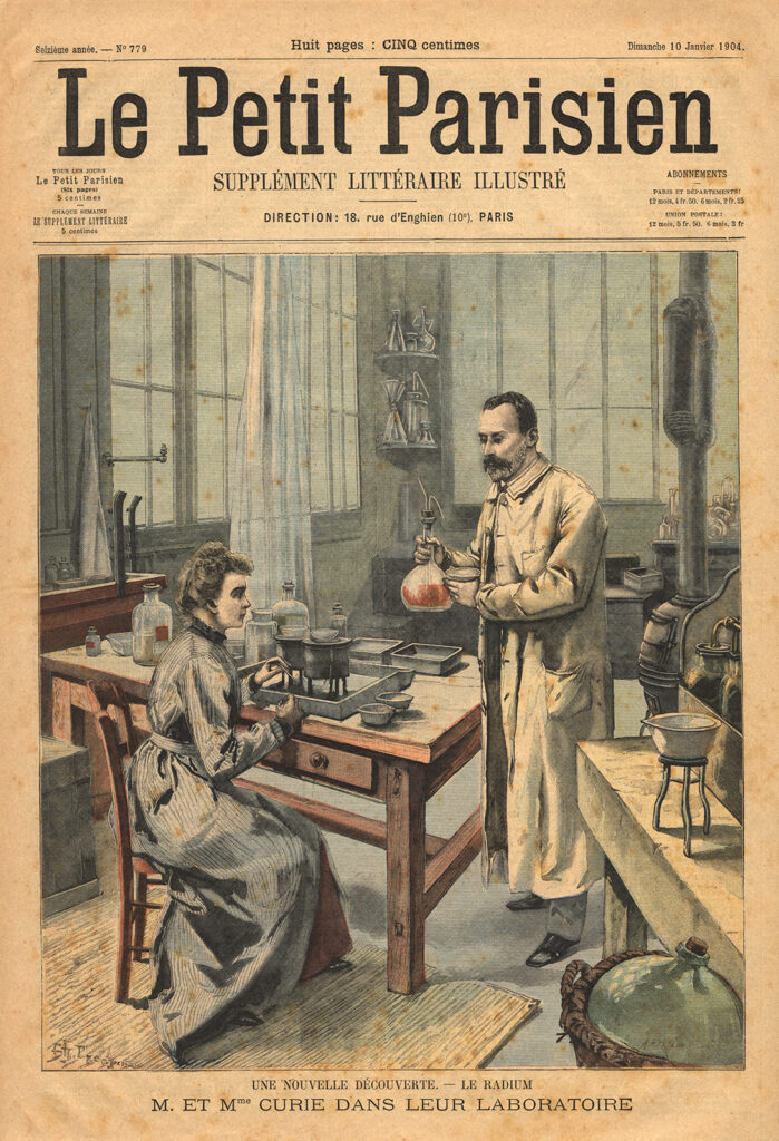 Color illustration of the Curies in their lab