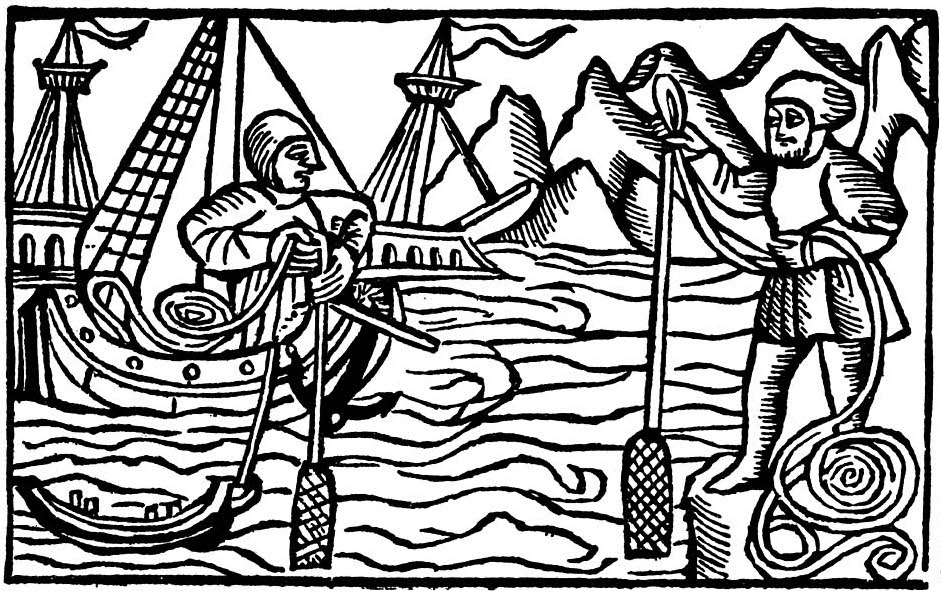 Woodcut of sailors on medieval ship