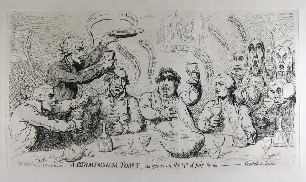 James Gillray's political cartoon, "A Birmingham toast, as given on the 14th of July" (1791) depicting Priestley. 
