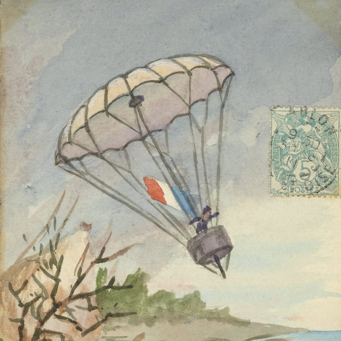 Postcard featuring a hand-drawn watercolor depiction of the descent of French balloonist André-Jacques Garnerin (1769-1823) in a frameless parachute of his own design