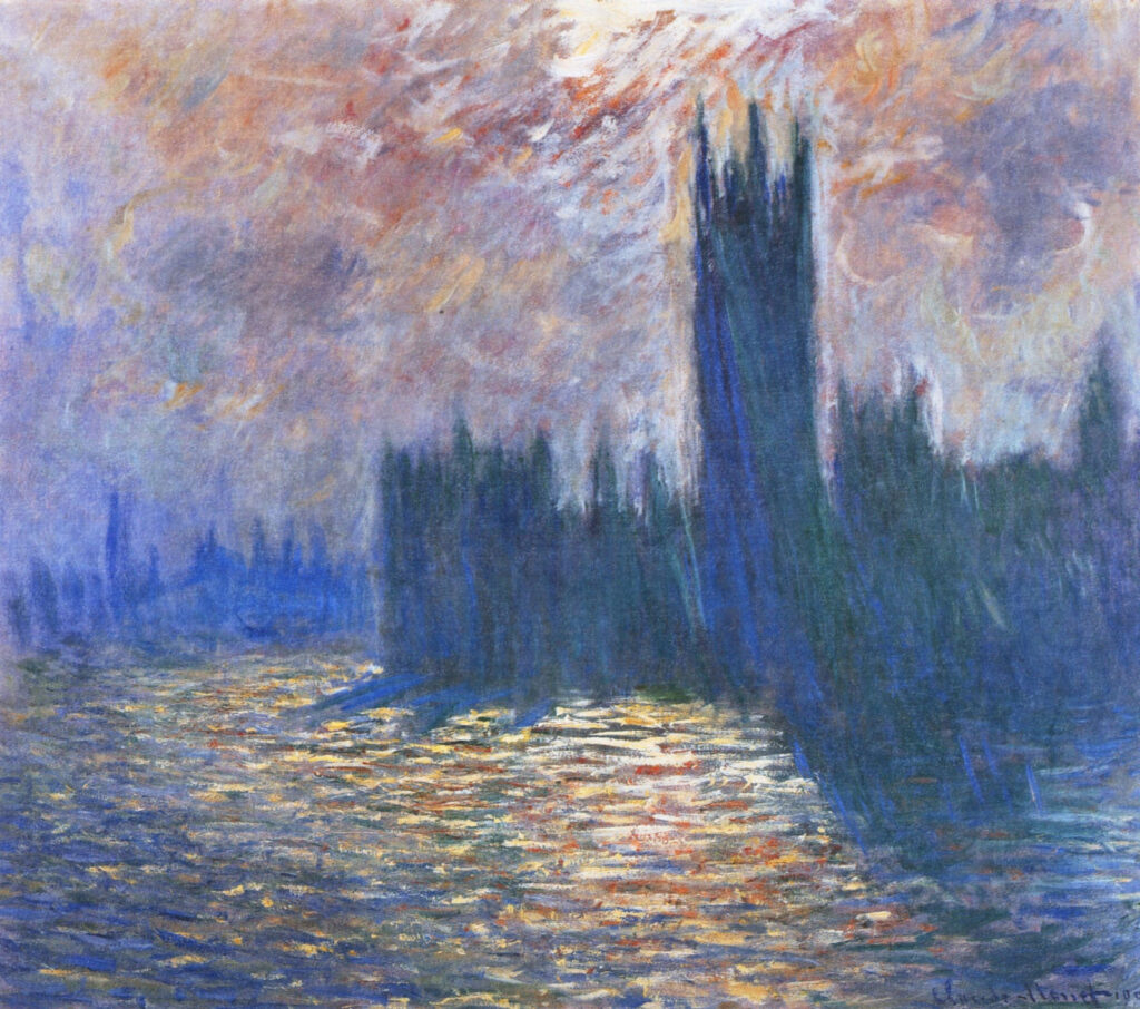 Impressionist painting of grand building and water