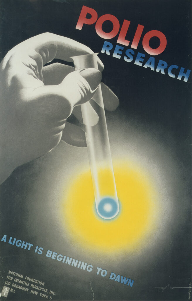 illustrated poster with a glowing test tube and the text: polio research, a light is beginning to dawn