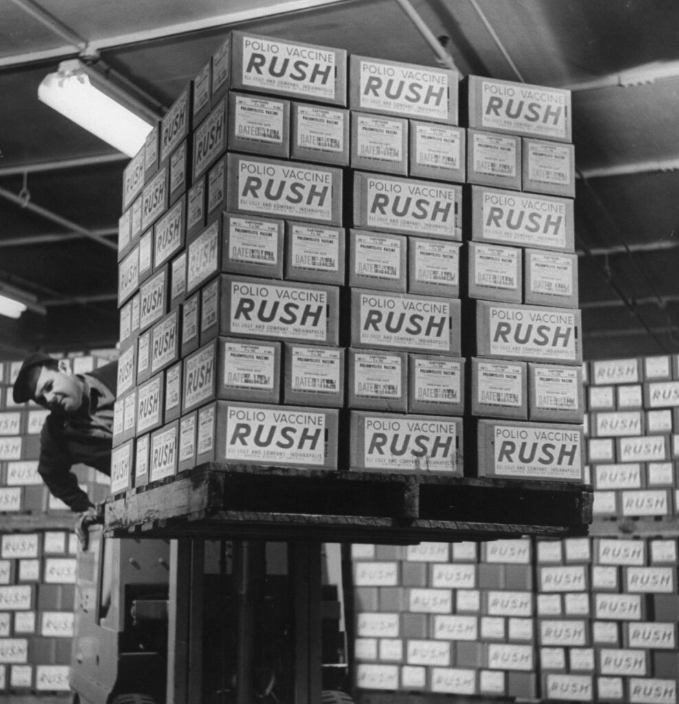 man driving forklift loaded with boxes