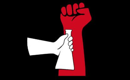 Logo for the March for Science featuring one illustrated hand raised in a fist. It is red. the other hand is white and clenching a Erlenmeyer flask.