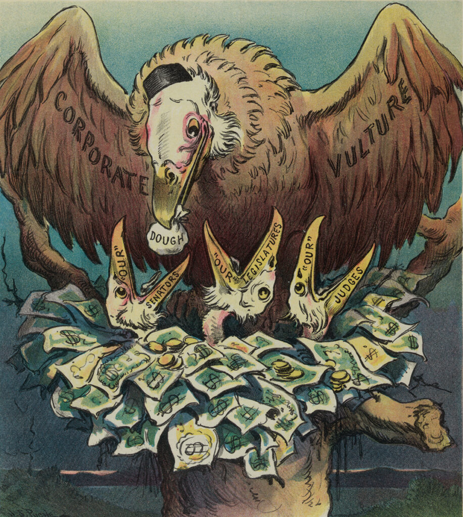 Satirical cartoon of vulture feeding nestlings sacks of money
