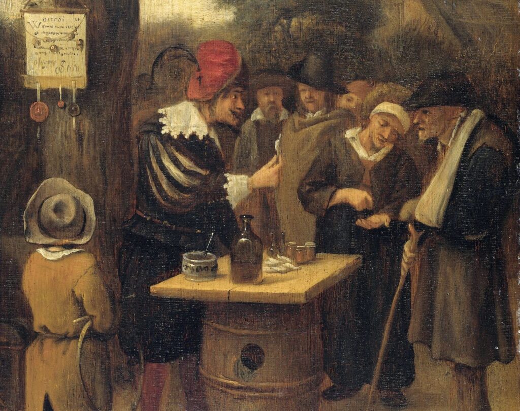Oil painting of quack selling in a market