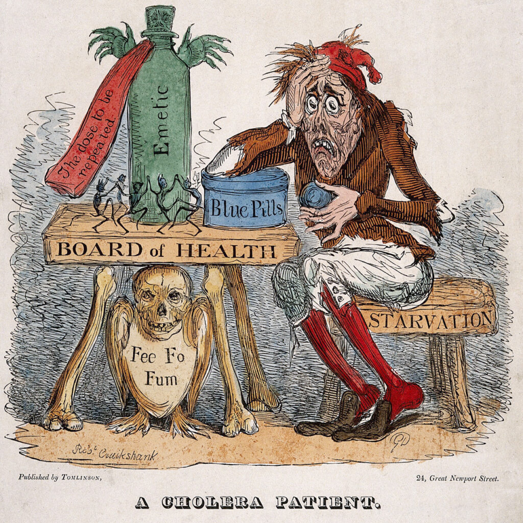 Cartoon of haggard-looking man with various medicines