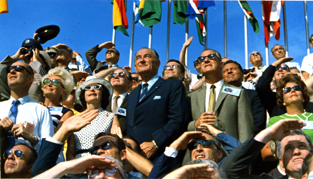 On July 16, 1969, former President Lyndon B. Johnson and then-current Vice President Spiro Agnew watch the launch of Apollo 11. While the manned space program was often touted as a boon to science, the motivations behind it were largely political. (NASA)