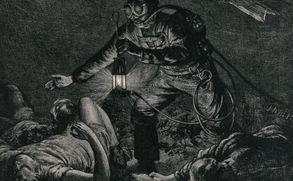 A man in a mine, using safety apparatus invented by Auguste Denayrouze, finds asphyxiated miners. Wood engraving by J. Nash, 1874.