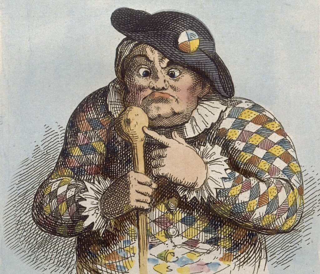 Color illustration of a woman in motley