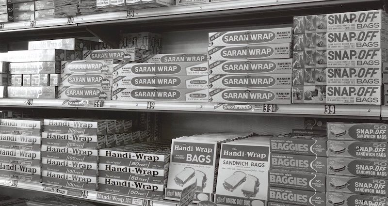 display of Saran Wrap on store shelves