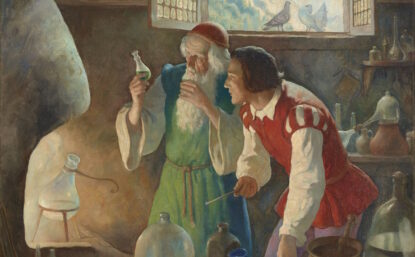Painting of two men in an alchemical laboratory examining a flask.