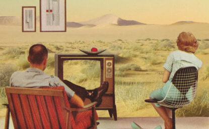 Vintage illustration of a man sitting in chair watching a 1950s TV. He has a bucket of beers next to him. A woman is closer to the TV in another chair. Her shoes are off. They are both staring at the image of the TV which appears to be a picture that takes up the whole wall.
