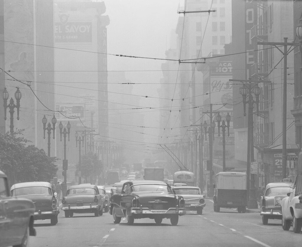 Car traffic in downtown LA under a blanket of smog