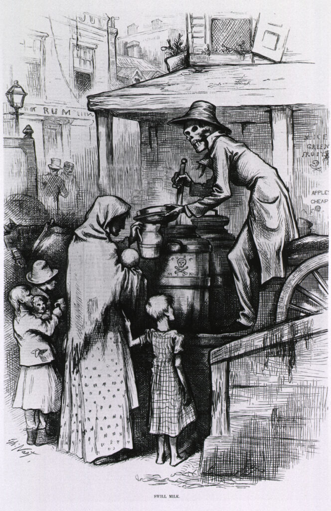 A skeleton perched on a wagon passes out swill milk to an impoverished family
