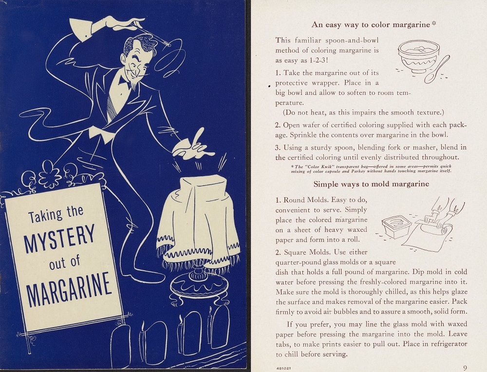 On one side, a blue and white illustration of magician in a suit waving a wand at a table with a cloth over it. On the other side, information about an easy way to color and mold margarine.