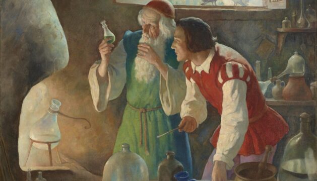 painting depicting two alchemists in a lab