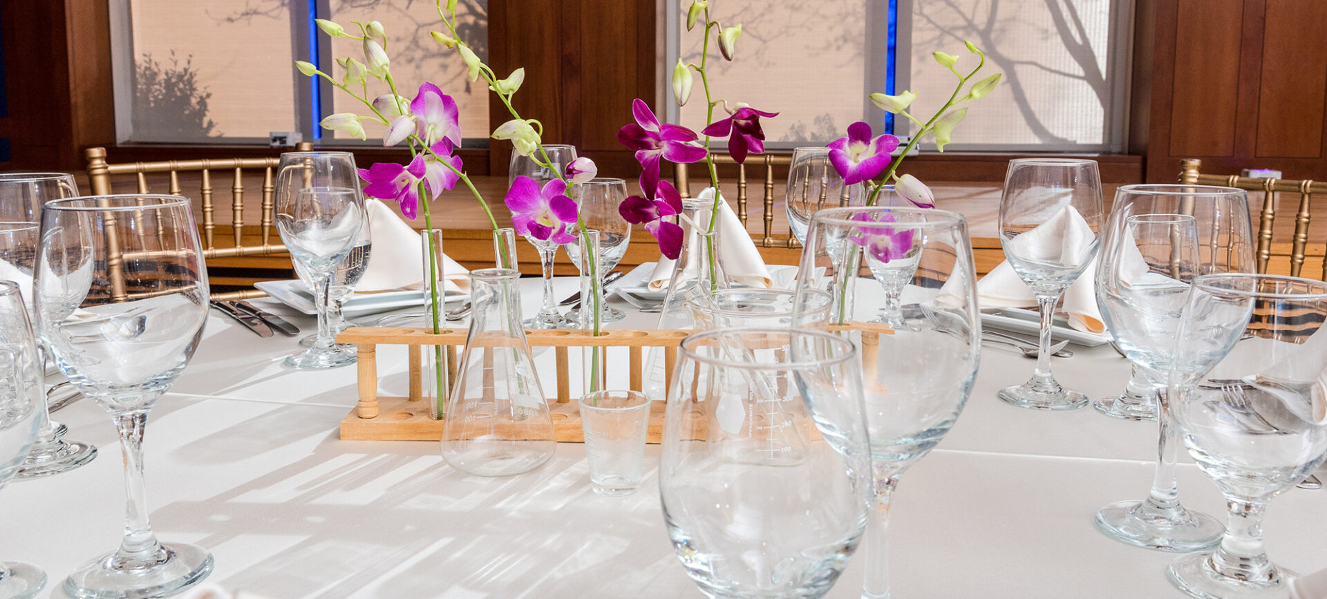 dining table with orchids and test tubes