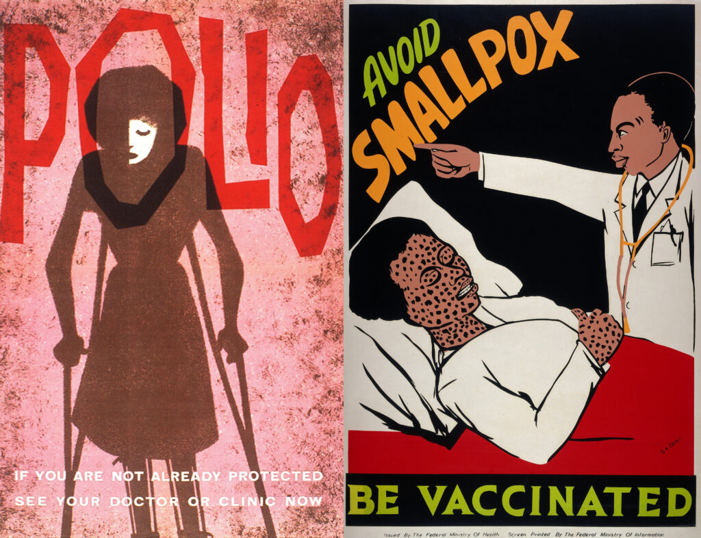 Public-health posters for polio and smallpox vaccinations.