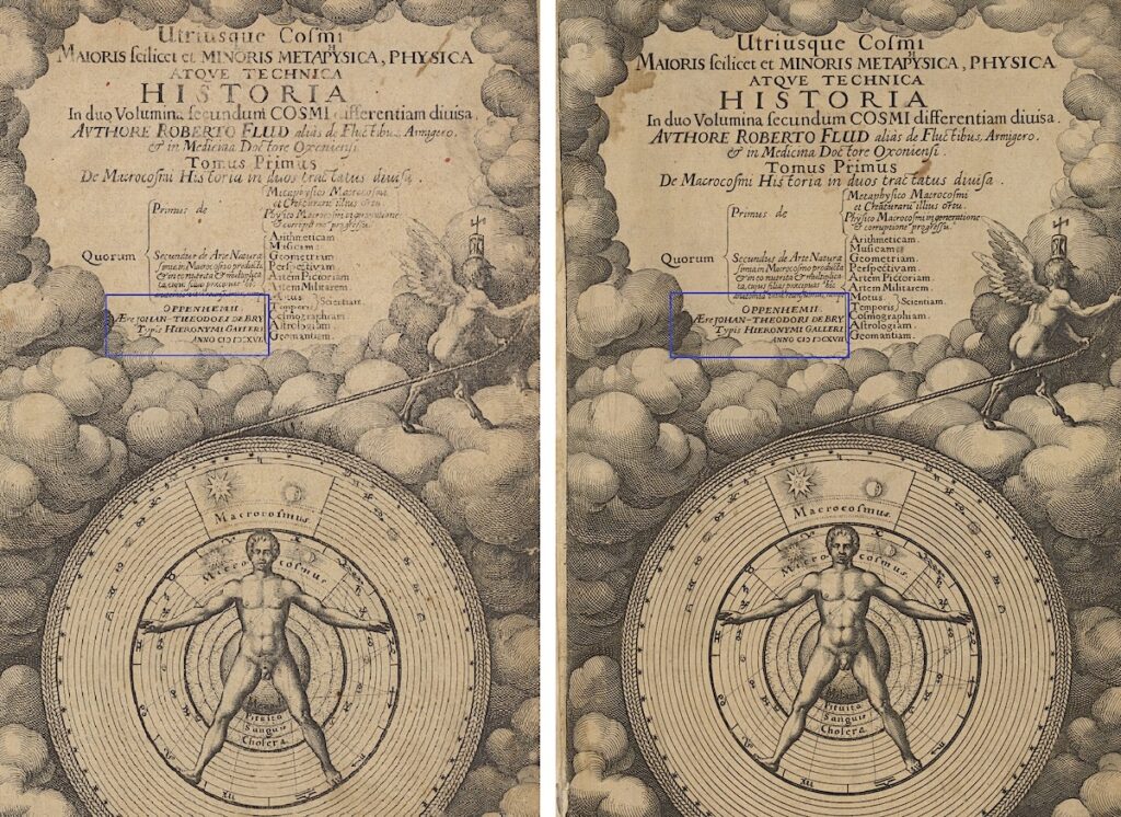 Side-by-side illustrations of the title page of Utriusque cosmi maioris.