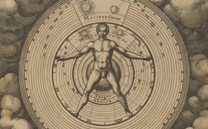 Illustration of a nude male figure standing within a disc. There are illustrated clouds in the background.