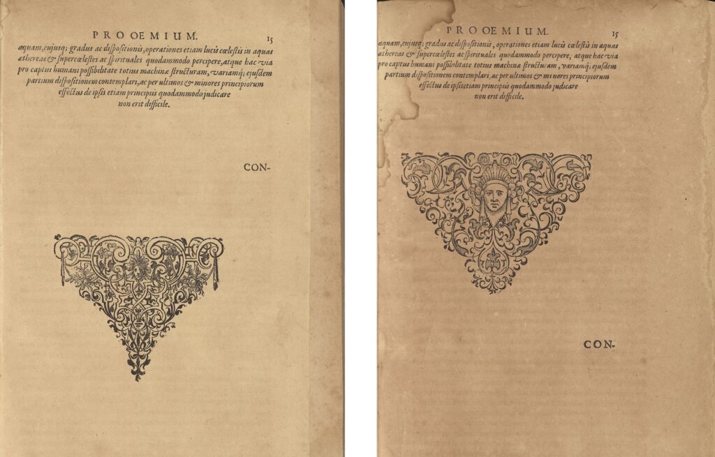 side-by-side comparisons of Page 15 from Utriusque cosmi maioris showing slightly different elaborate illustrations on the page