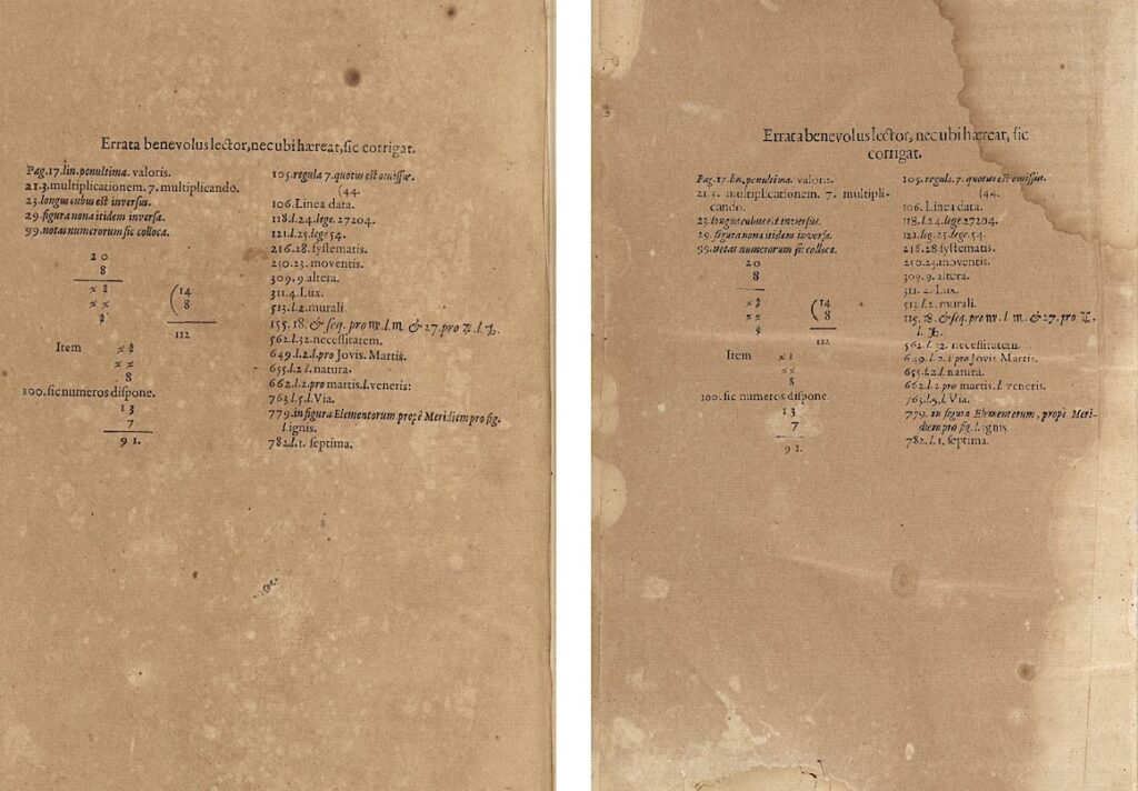 side-by-side comparisons of the Errata page from Utriusque cosmi maioris