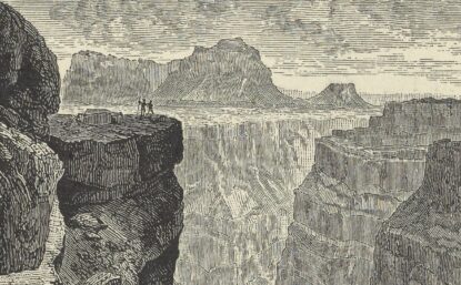 Black and white illustration of 2 figures standing on a cliff looking at the Colorado River