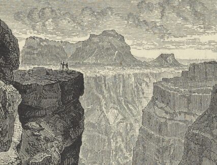 Black and white illustration of 2 figures standing on a cliff looking at the Colorado River