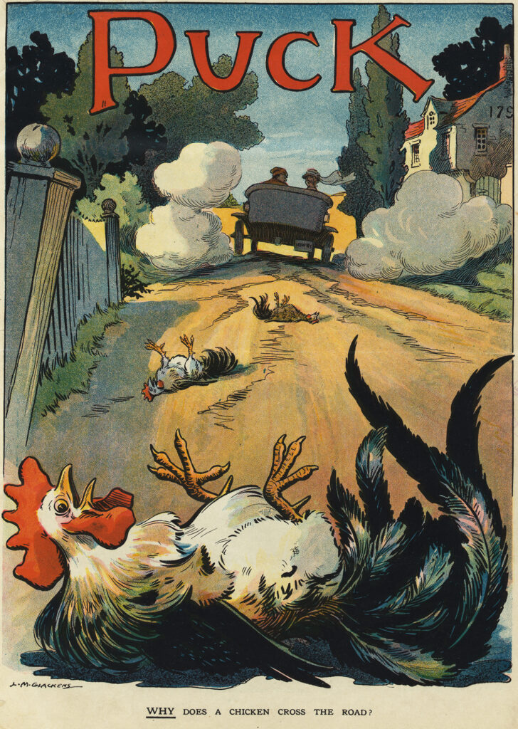 Color illustration of a car and chickens