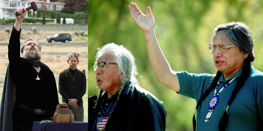 Two photographs, one showing man in cape with raised hammer another showing older men praying