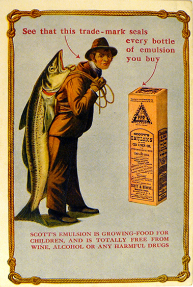 Color illustrated trade card advertising cod oil showing man holding fish on his back