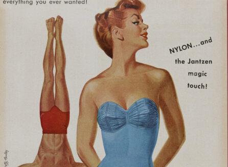 1950s magazine ad with woman in blue swimsuit and man doing handstand in red trunks