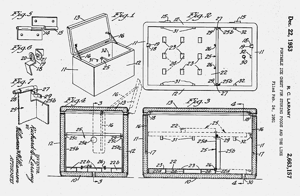 Patent drawing for Richard C. Laramy’s “Portable ice chest for storing and refrigerating foods and the like,” 1953