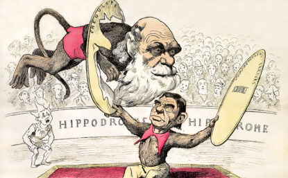 Satirical cartoon of Darwinism using a circus theme