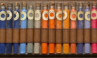 vials of powder paint pigments