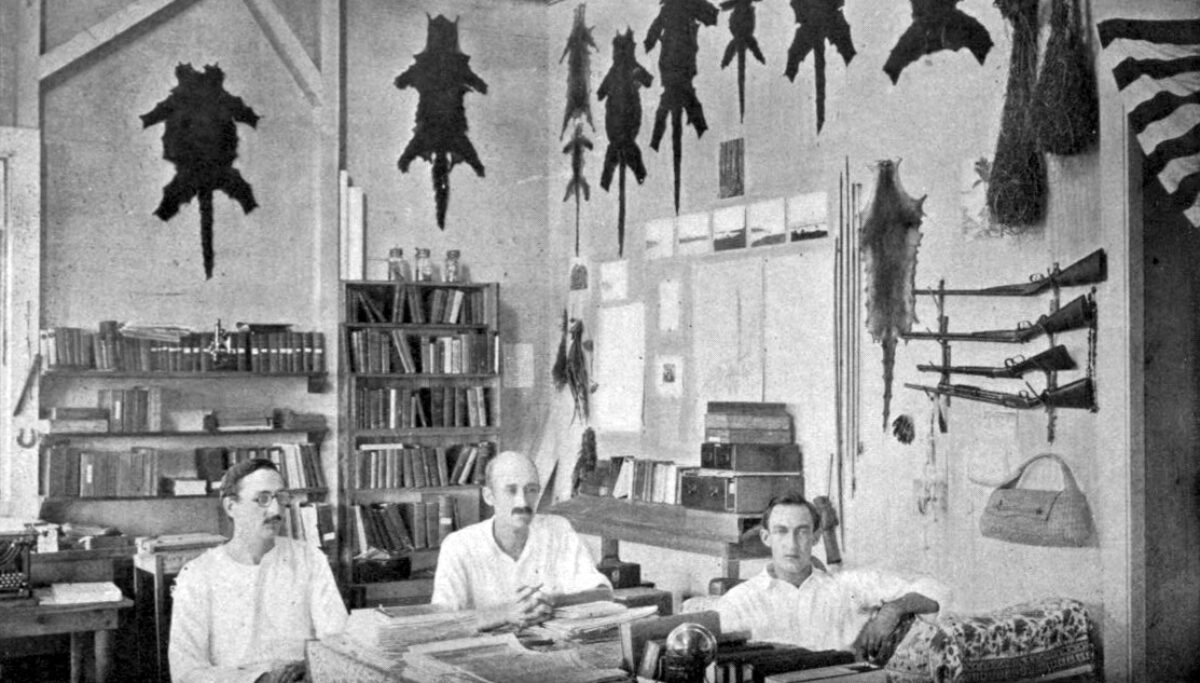 Photograph of three men seated in a room with animal skins on the wall