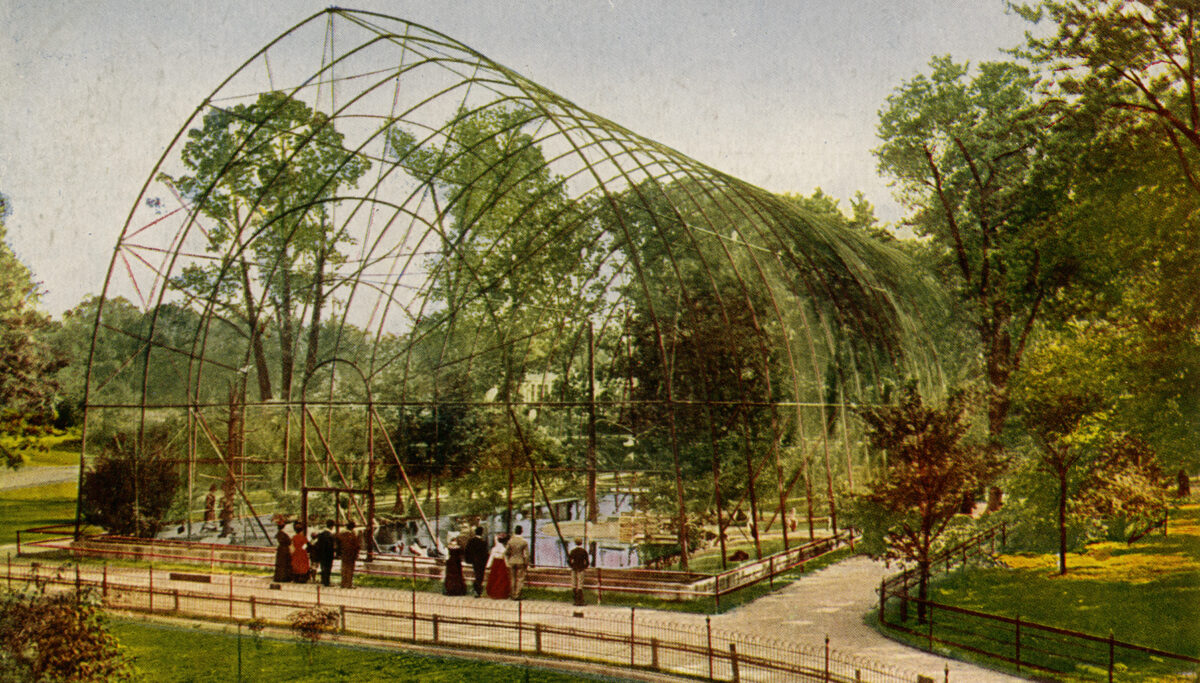 Colorized photo of a large bird enclosure and surroundings