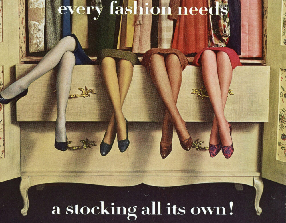 magazine ad depicting stockings in a variety of colors