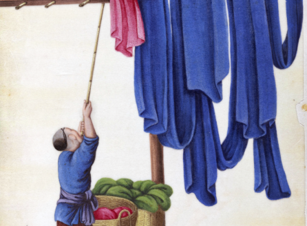 man hanging pink and blue garments on a clothesline