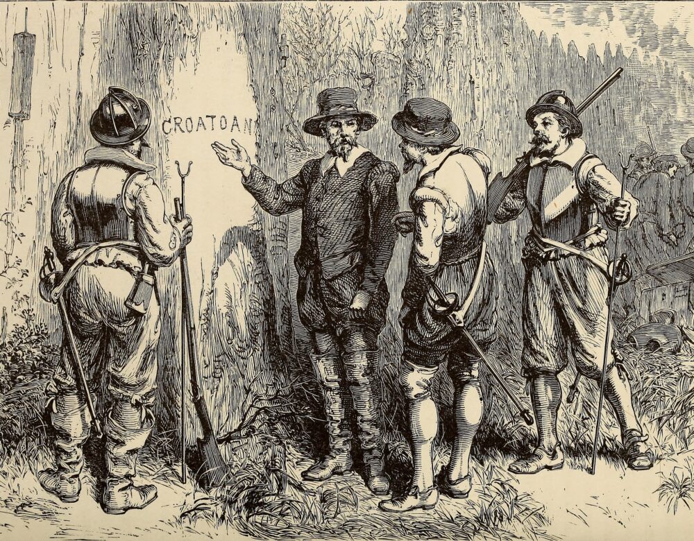 sepia-toned engraving of four men around a tree