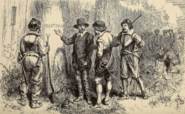 sepia-toned engraving of four men around a tree