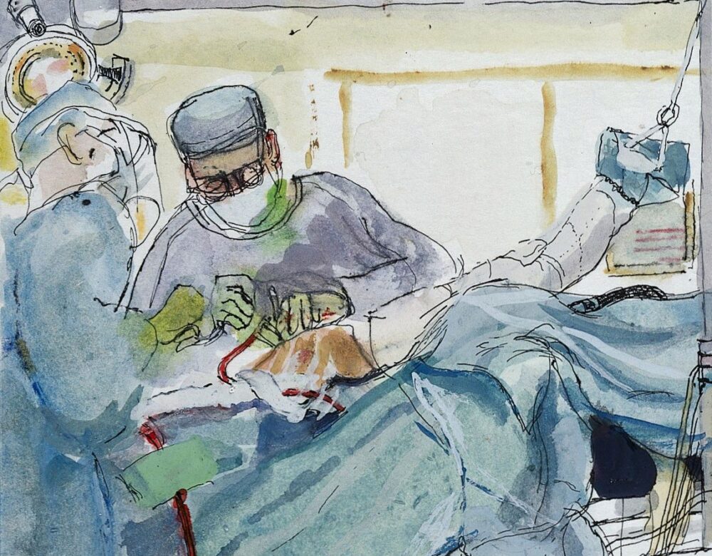 Ink and watercolor illustration of a modern surgical procedure