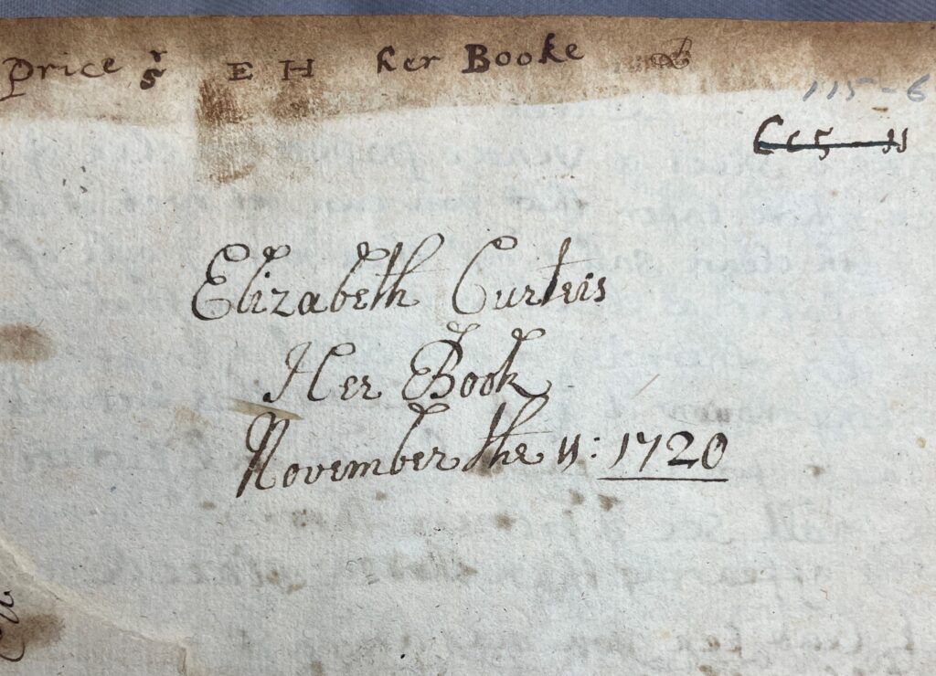 EH's initials and Elizabeth Curteis’s name on a flyleaf of Speculum mundi.