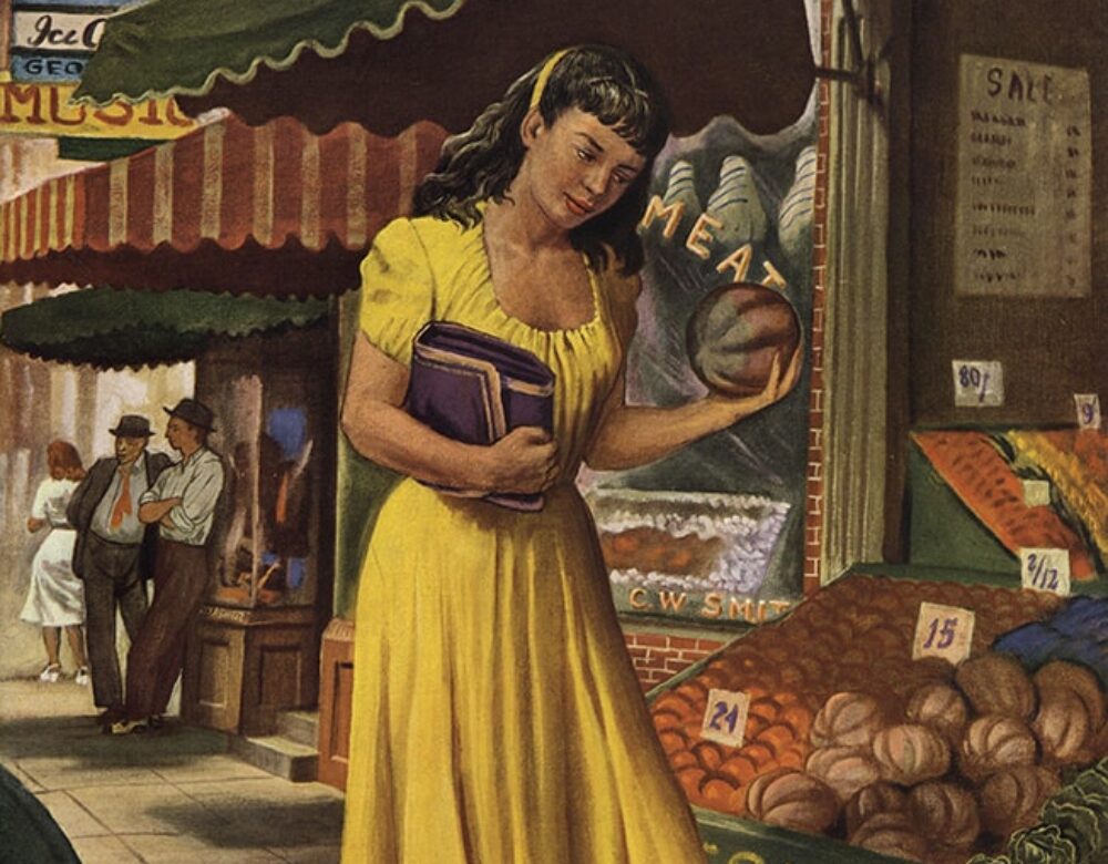 Cartoon rendering of Mary Hunt outside a market looking at fruit.