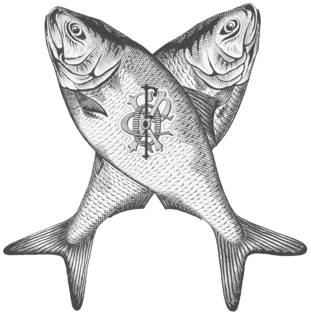 Illustration of two crossed fish with an overlayed insignia