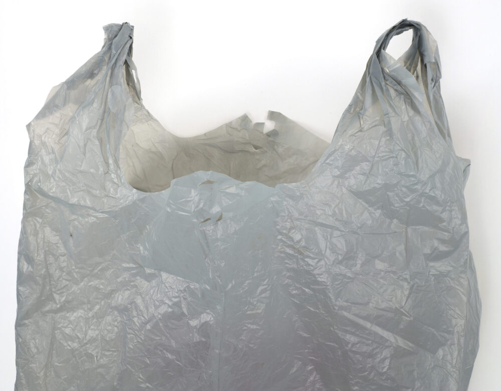 upper section of a white plastic grocery bag with handles, wrinkled