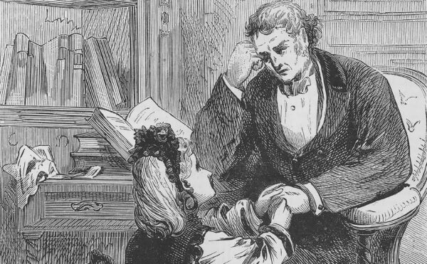Engraving of young Victorian woman crouch at feet of seated older woman